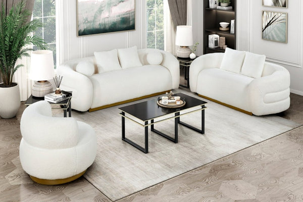 English Elm Luxury Sherpa 3 Piece Sofa Set with Gold Wood Legs and Swivel Chair for Living Room B011S02512