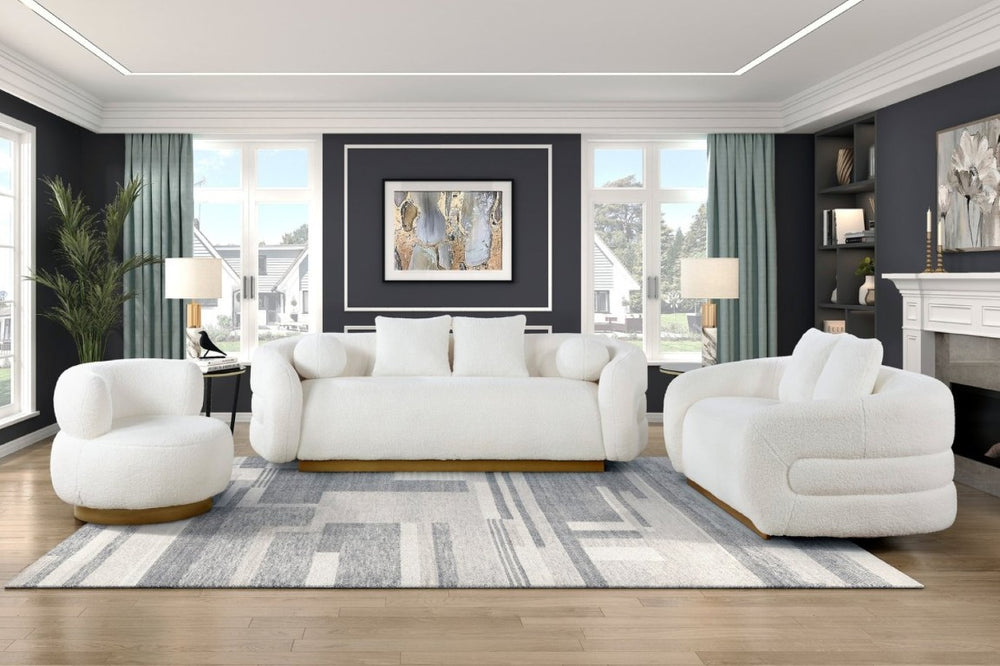 English Elm Luxury Sherpa 3 Piece Sofa Set with Gold Wood Legs and Swivel Chair for Living Room B011S02512