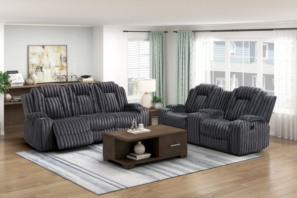 English Elm Dark Corduroy Reclining Sofa Set with Wall Hugger Design Storage Console Cup Holders Dark Gray B011S02517