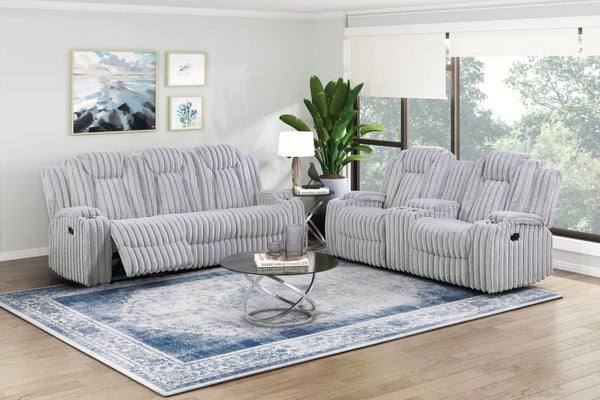 English Elm Dark Corduroy Reclining Sofa Set with Wall Hugger Design Storage Console Cup Holders Light Gray B011S02519