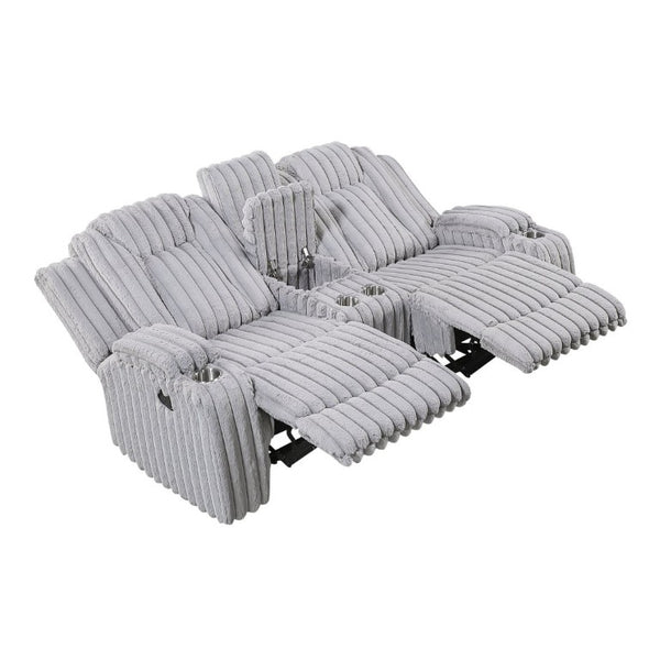 English Elm Dark Corduroy Reclining Sofa Set with Wall Hugger Design Storage Console Cup Holders Light Gray B011S02519