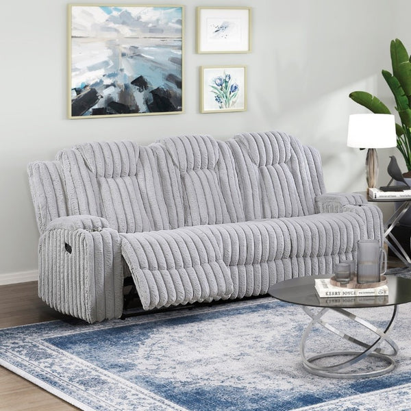 English Elm Dark Corduroy Reclining Sofa Set with Wall Hugger Design Storage Console Cup Holders Light Gray B011S02519