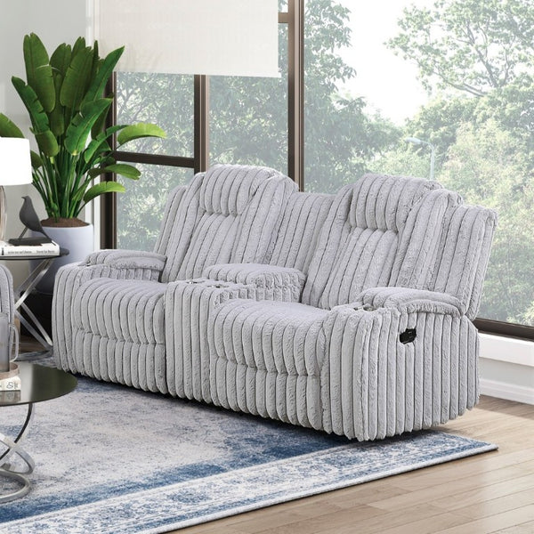 English Elm Dark Corduroy Reclining Sofa Set with Wall Hugger Design Storage Console Cup Holders Light Gray B011S02519
