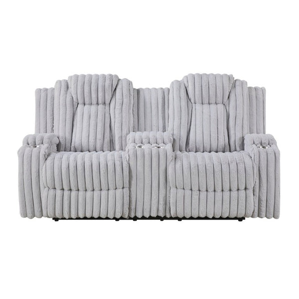 English Elm Dark Corduroy Reclining Sofa Set with Wall Hugger Design Storage Console Cup Holders Light Gray B011S02519