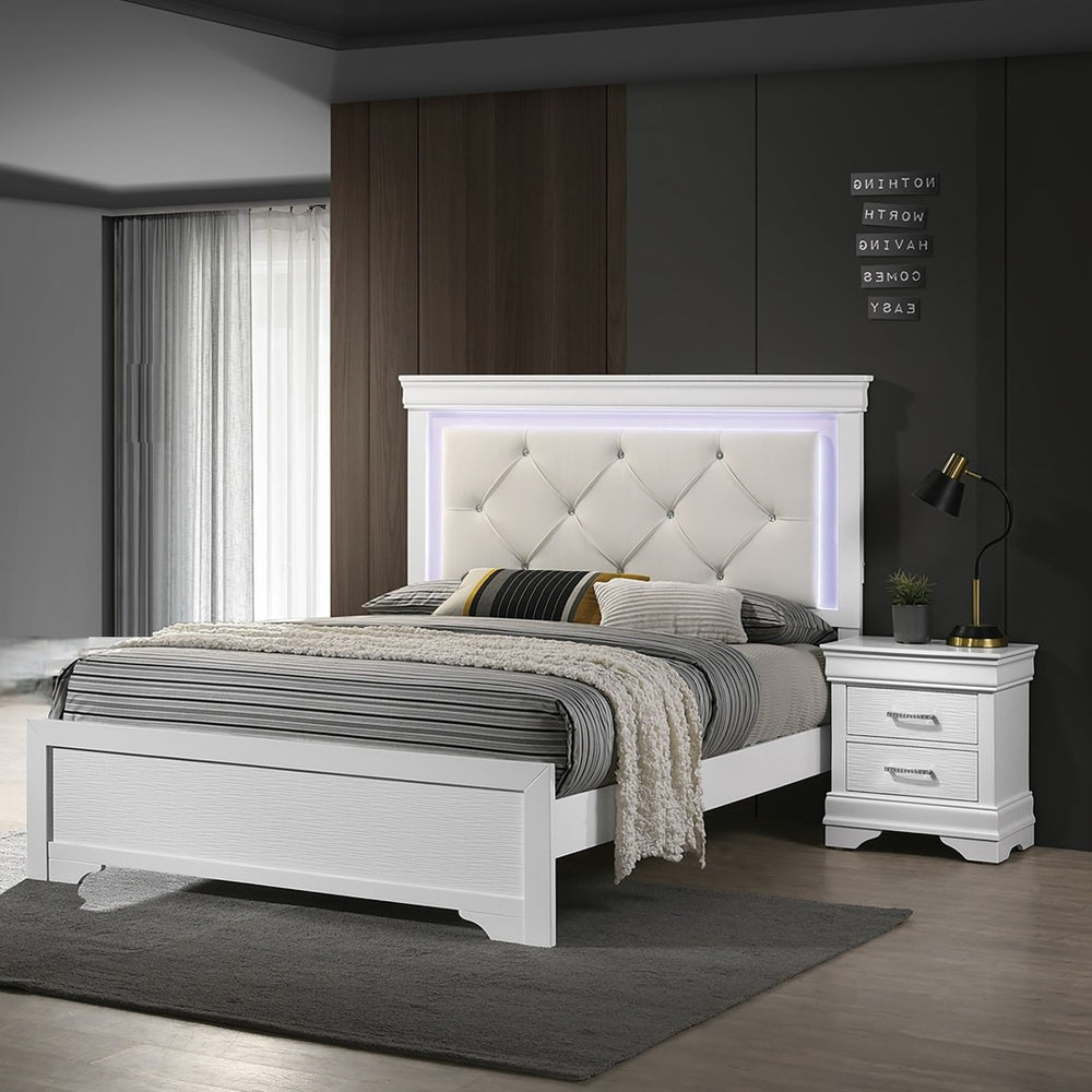 English Elm White Faux Leather Queen Bedroom Set with Led Lighting and Diamond Tufted Headboard B011S02520