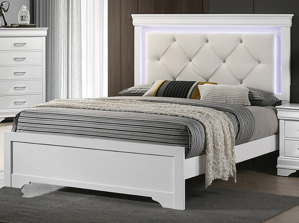 English Elm White Faux Leather Queen Bedroom Set with Led Lighting and Diamond Tufted Headboard B011S02520