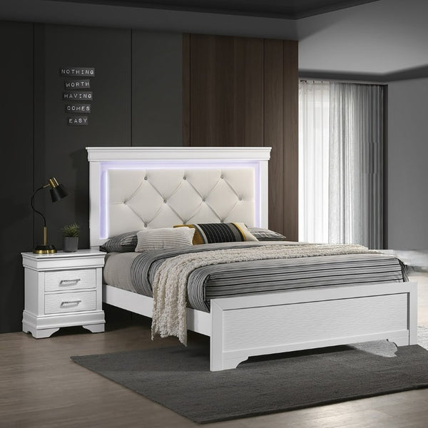 English Elm White Faux Leather Diamond Tufted King Bed Set with LED Headboard and Two Nightstands B011S02521
