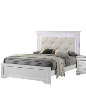 English Elm White Faux Leather Diamond Tufted King Bed Set with LED Headboard and Two Nightstands B011S02521