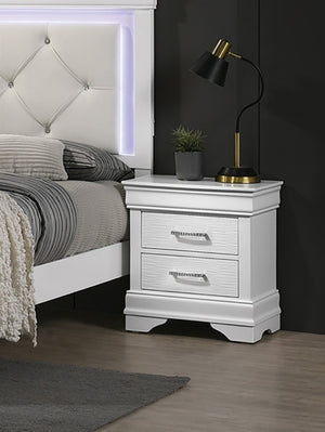 English Elm White Faux Leather Diamond Tufted King Bed Set with LED Headboard and Two Nightstands B011S02521