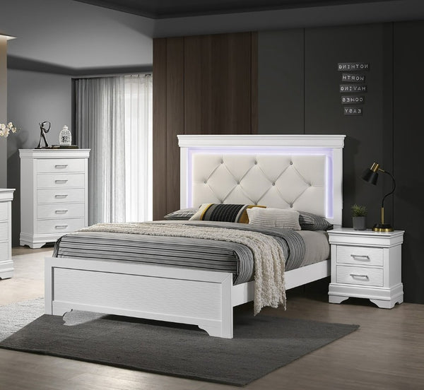 English Elm White Faux Leather Diamond Tufted King Bed Set with LED Headboard and Two Nightstands B011S02521