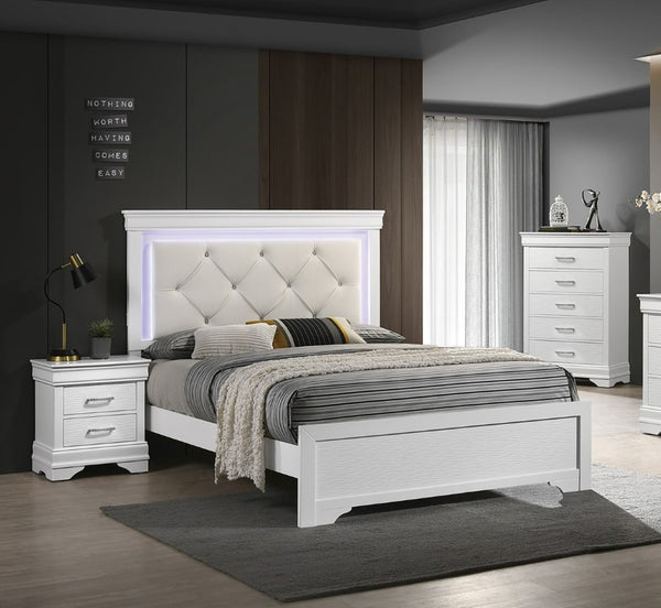 English Elm White Faux Leather Diamond Tufted King Bed Set with LED Headboard and Two Nightstands B011S02521