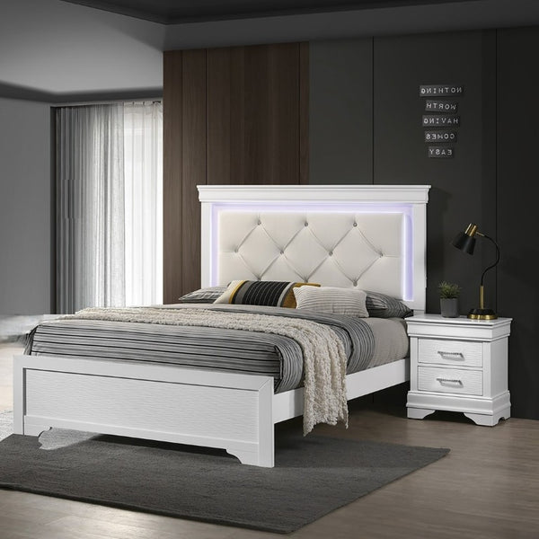 English Elm White Faux Leather Diamond Tufted King Bed Set with LED Headboard and Two Nightstands B011S02521