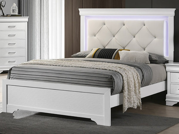 English Elm White Faux Leather Diamond Tufted King Bed Set with LED Headboard and Two Nightstands B011S02521