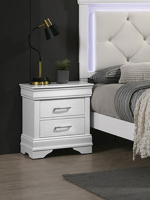 English Elm White Faux Leather Diamond Tufted King Bed Set with LED Headboard and Two Nightstands B011S02521