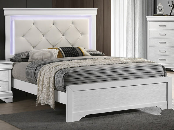 English Elm White Faux Leather Diamond Tufted King Bed Set with LED Headboard and Two Nightstands B011S02521