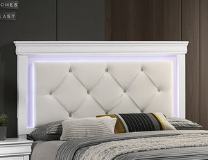 English Elm White Faux Leather Diamond Tufted King Bed Set with LED Headboard and Two Nightstands B011S02521