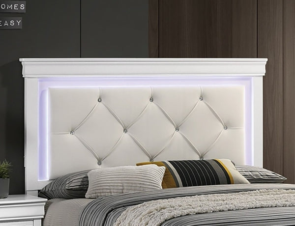 English Elm White Faux Leather Diamond Tufted King Bed Set with LED Headboard and Two Nightstands B011S02521
