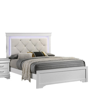 English Elm White Faux Leather Diamond Tufted King Bed Set with LED Headboard and Two Nightstands B011S02521
