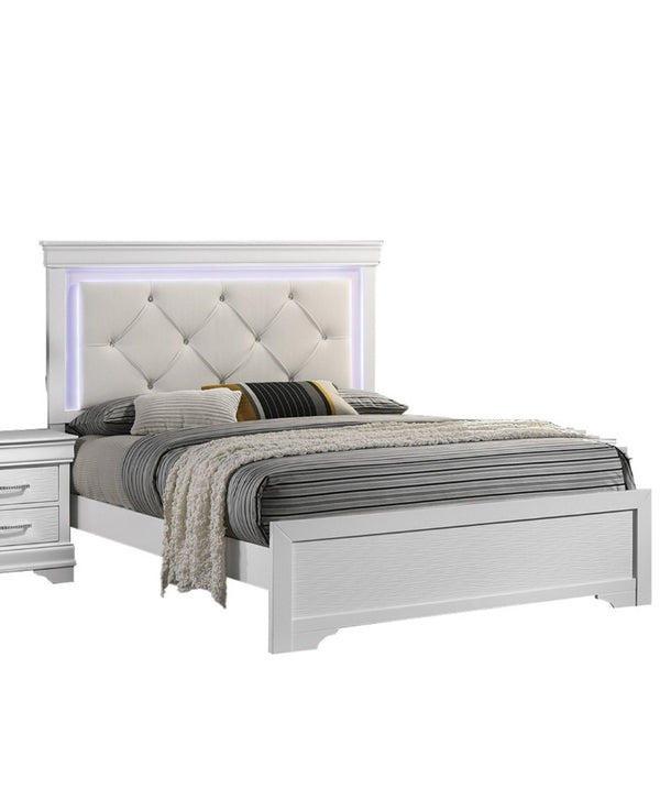 English Elm White Faux Leather Diamond Tufted King Bed Set with LED Headboard and Two Nightstands B011S02521