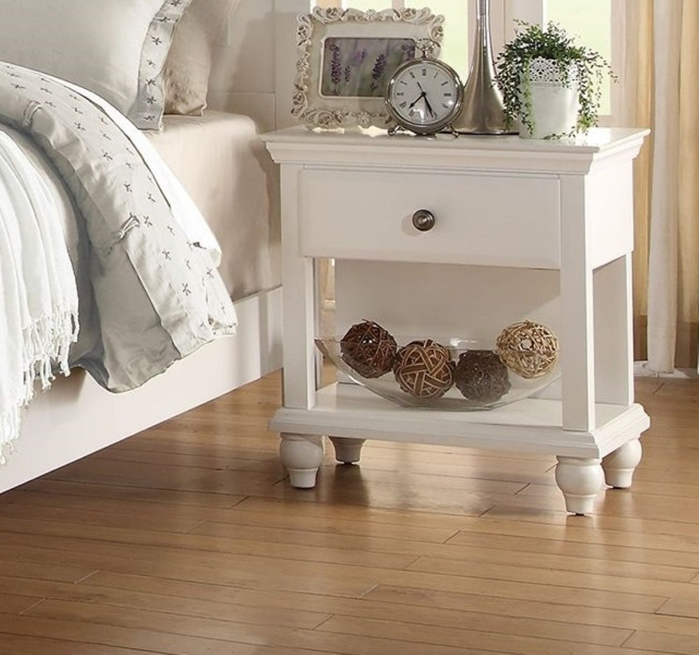 English Elm White Queen Panel Bed Set with Nightstands Classic Farmhouse Rubberwood Bedroom Frame B011S02522