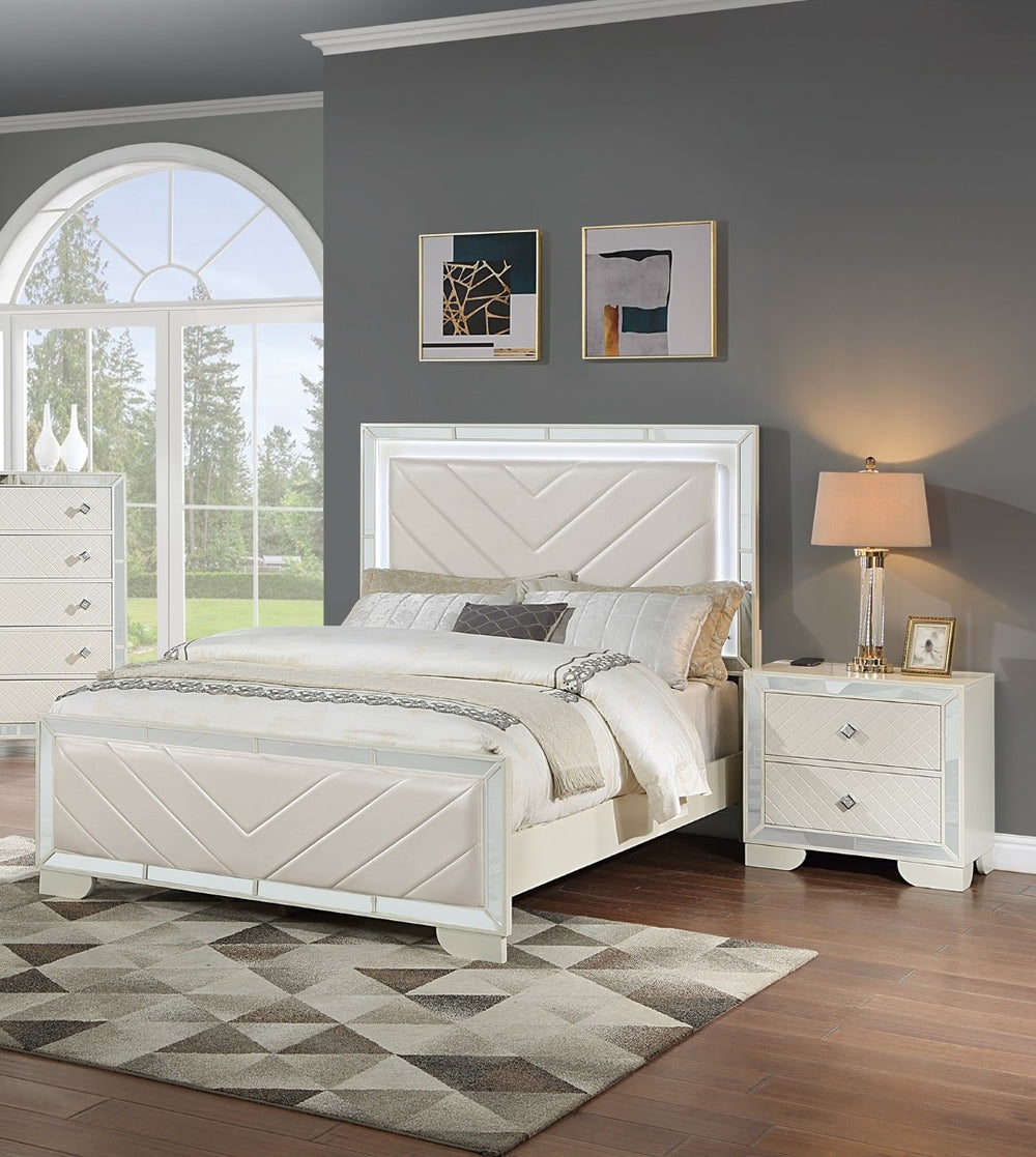 English Elm Contemporary Queen Bedroom Set Faux Leather Tufted Bed with Led Headboard Nightstands B011S02525
