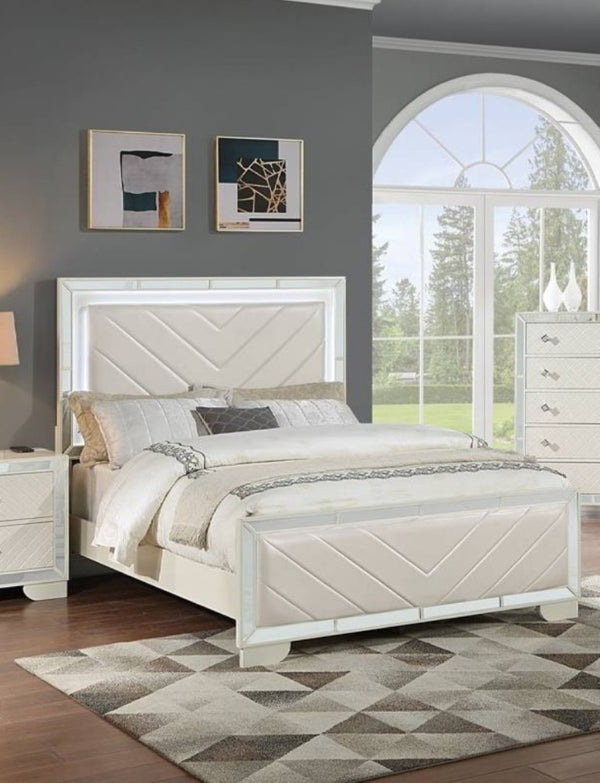 English Elm Majestic King Bed Set Faux Leather Tufted Headboard with LED Lighting and Nightstands B011S02526
