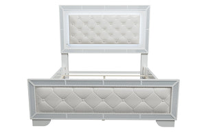English Elm Queen Tufted Faux Leather Panel Bed Set with Led Headboard and Mirrored Glam Accents B011S02527