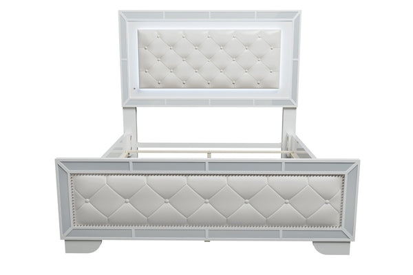 English Elm Queen Tufted Faux Leather Panel Bed Set with Led Headboard and Mirrored Glam Accents B011S02527