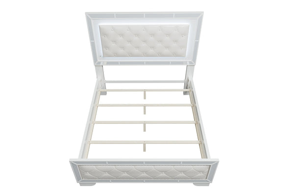 English Elm Queen Tufted Faux Leather Panel Bed Set with Led Headboard and Mirrored Glam Accents B011S02527