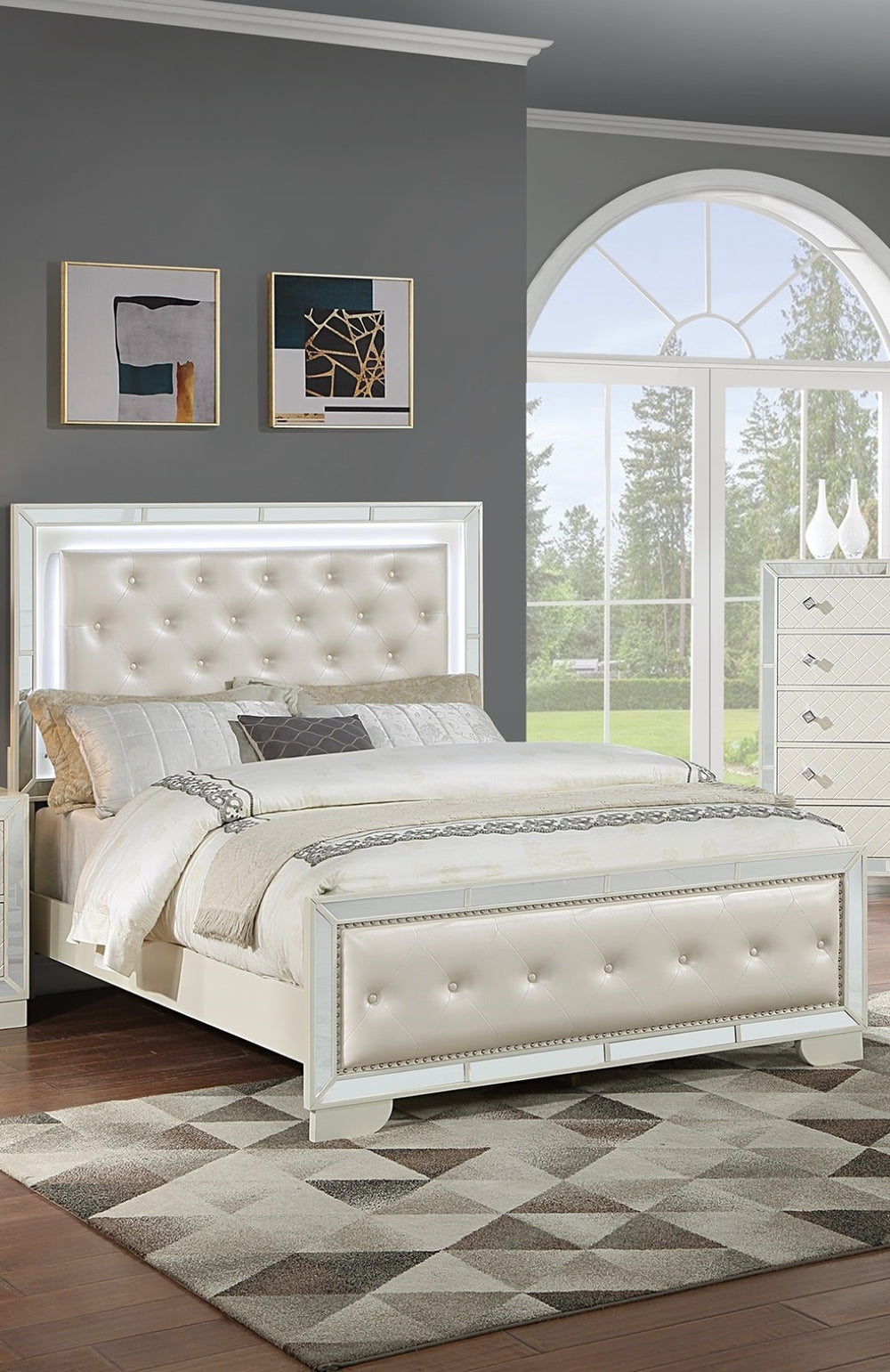 English Elm Queen Tufted Faux Leather Panel Bed Set with Led Headboard and Mirrored Glam Accents B011S02527