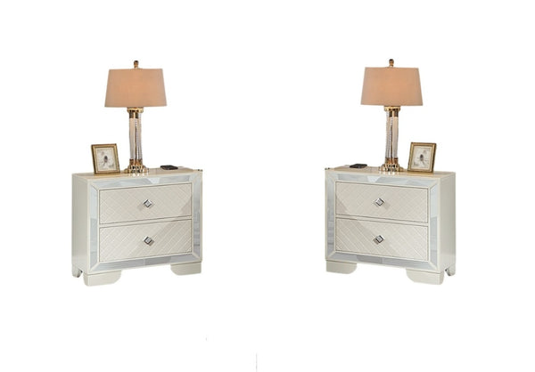 English Elm Queen Tufted Faux Leather Panel Bed Set with Led Headboard and Mirrored Glam Accents B011S02527