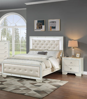 English Elm King Tufted Faux Leather Bedroom Set with LED Lighting and Mirrored Panel Accents B011S02528