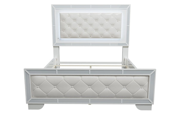 English Elm King Tufted Faux Leather Bedroom Set with LED Lighting and Mirrored Panel Accents B011S02528