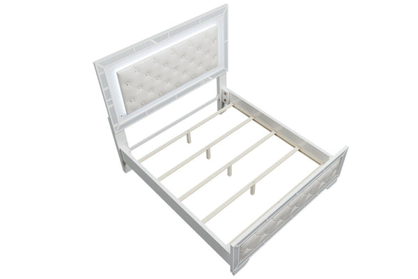 English Elm King Tufted Faux Leather Bedroom Set with LED Lighting and Mirrored Panel Accents B011S02528