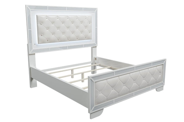 English Elm King Tufted Faux Leather Bedroom Set with LED Lighting and Mirrored Panel Accents B011S02528