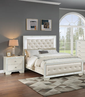 English Elm King Tufted Faux Leather Bedroom Set with LED Lighting and Mirrored Panel Accents B011S02528