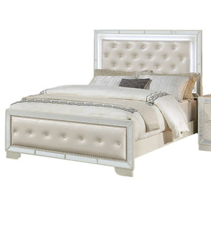 English Elm King Tufted Faux Leather Bedroom Set with LED Lighting and Mirrored Panel Accents B011S02528