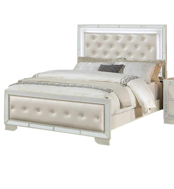 English Elm King Tufted Faux Leather Bedroom Set with LED Lighting and Mirrored Panel Accents B011S02528