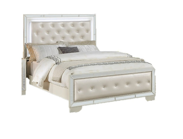 English Elm King Tufted Faux Leather Bedroom Set with LED Lighting and Mirrored Panel Accents B011S02528