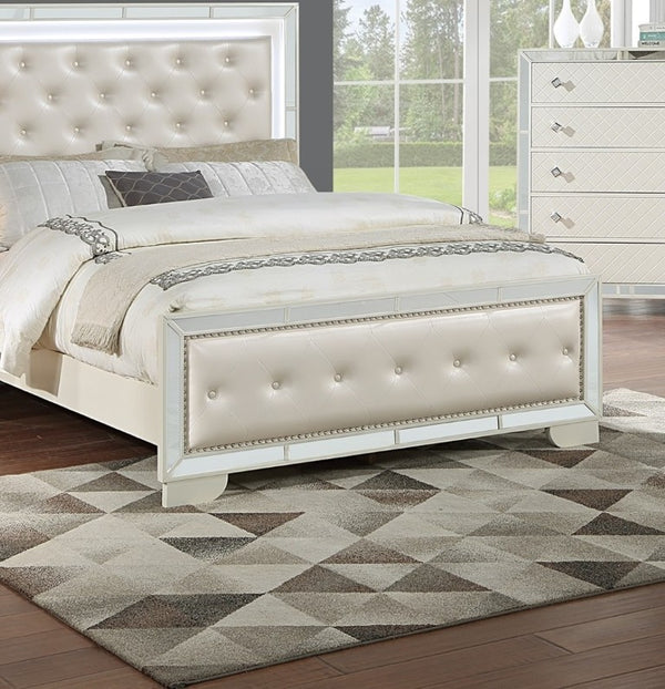 English Elm King Tufted Faux Leather Bedroom Set with LED Lighting and Mirrored Panel Accents B011S02528