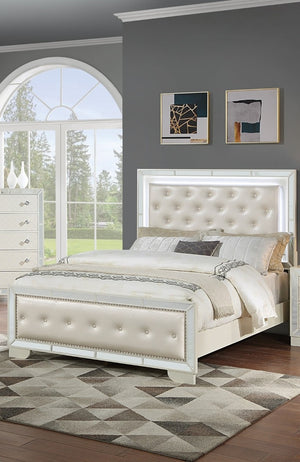 English Elm King Tufted Faux Leather Bedroom Set with LED Lighting and Mirrored Panel Accents B011S02528