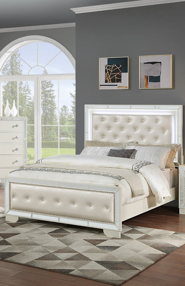 English Elm King Tufted Faux Leather Bedroom Set with LED Lighting and Mirrored Panel Accents B011S02528