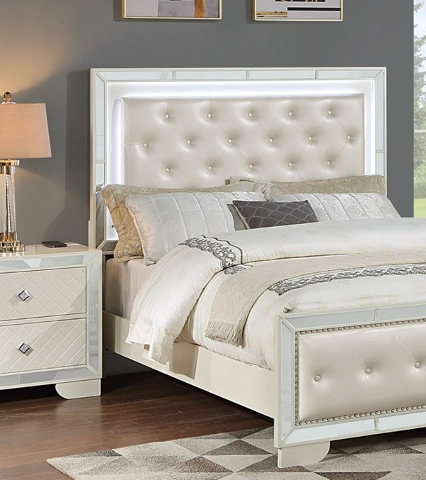 English Elm King Tufted Faux Leather Bedroom Set with LED Lighting and Mirrored Panel Accents B011S02528