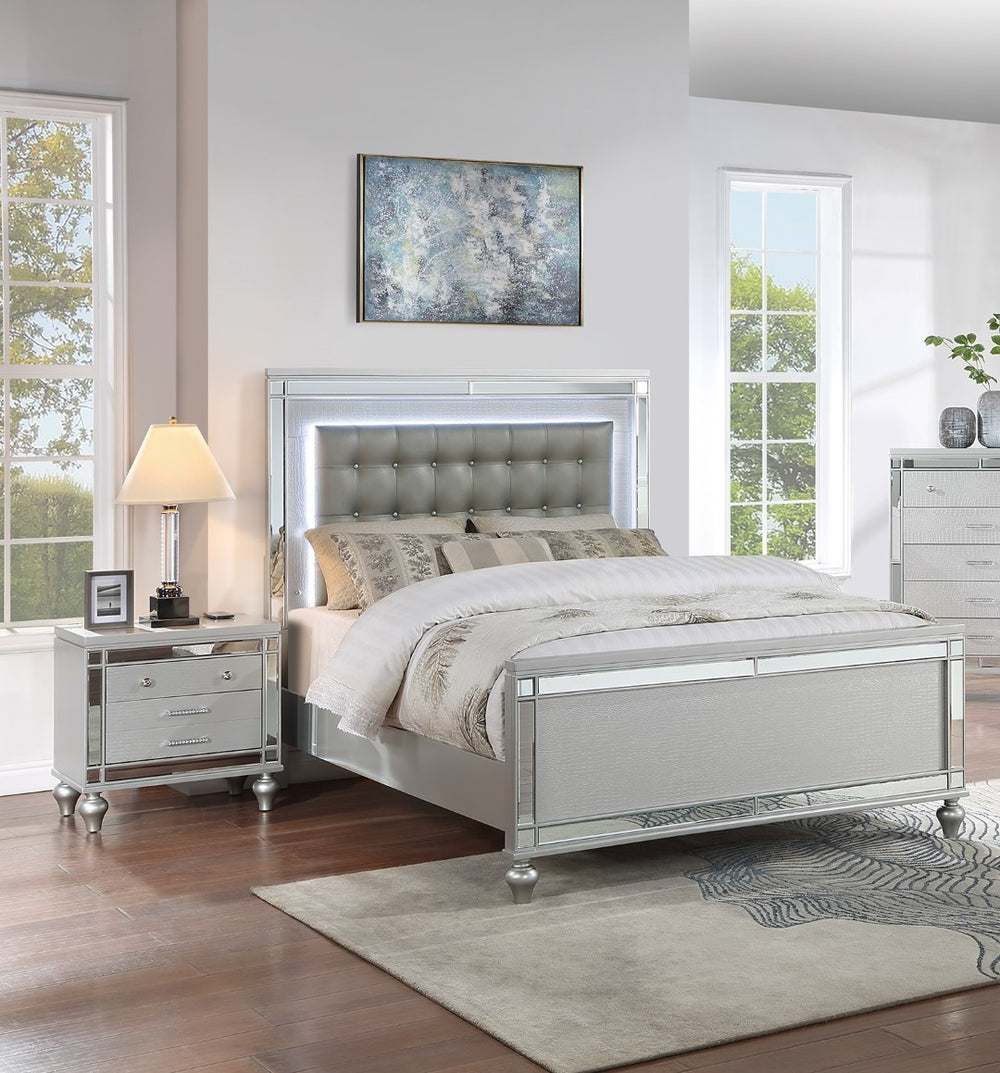 English Elm Sleek Queen Bedroom Set Tufted Faux Leather Bed with Led Lighting and Two Nightstands B011S02529