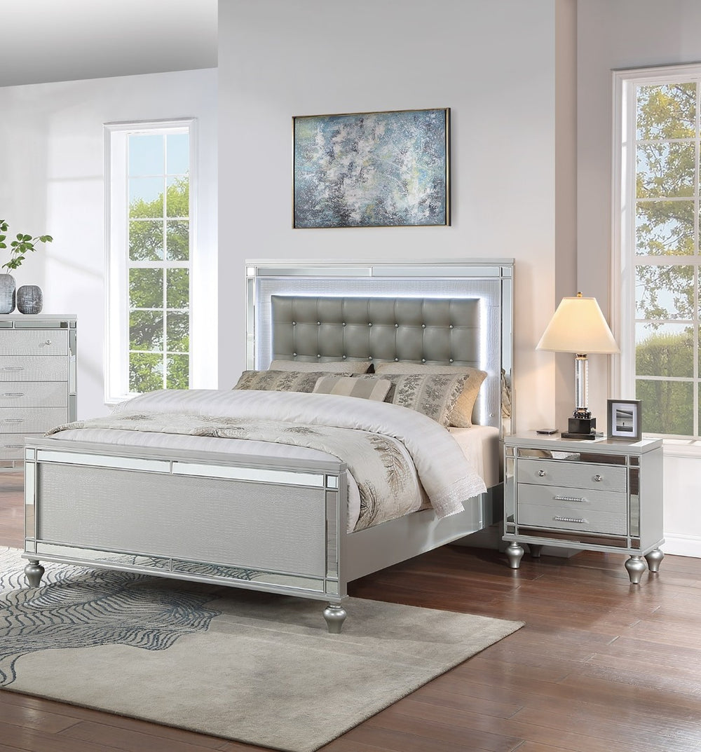 English Elm Sleek Queen Bedroom Set Tufted Faux Leather Bed with Led Lighting and Two Nightstands B011S02529