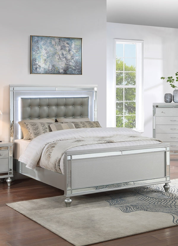 English Elm Sleek Queen Bedroom Set Tufted Faux Leather Bed with Led Lighting and Two Nightstands B011S02529