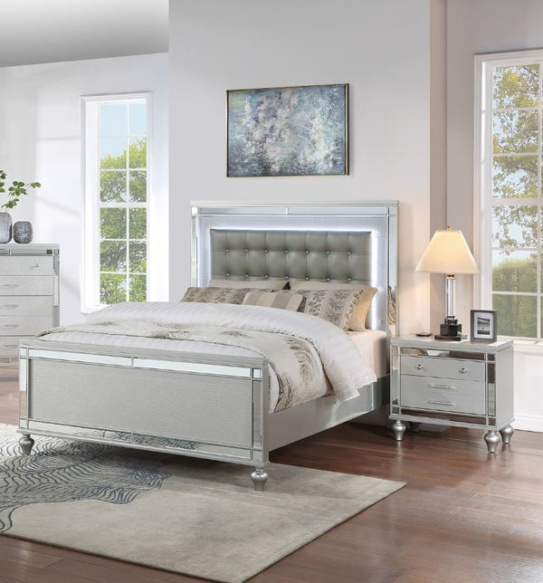 English Elm Sleek Eastern King Bedroom Set Mirrored Frame LED Lighting Tufted Faux Leather Headboard B011S02530
