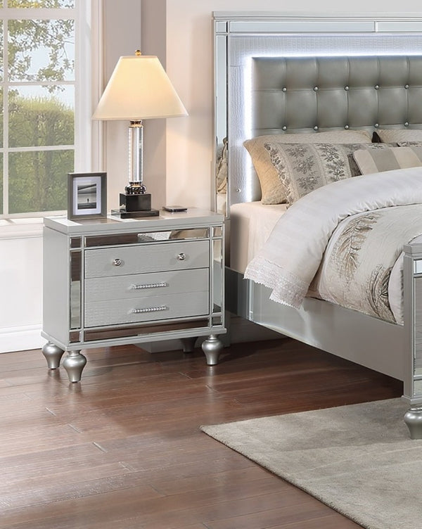 English Elm Sleek Eastern King Bedroom Set Mirrored Frame LED Lighting Tufted Faux Leather Headboard B011S02530