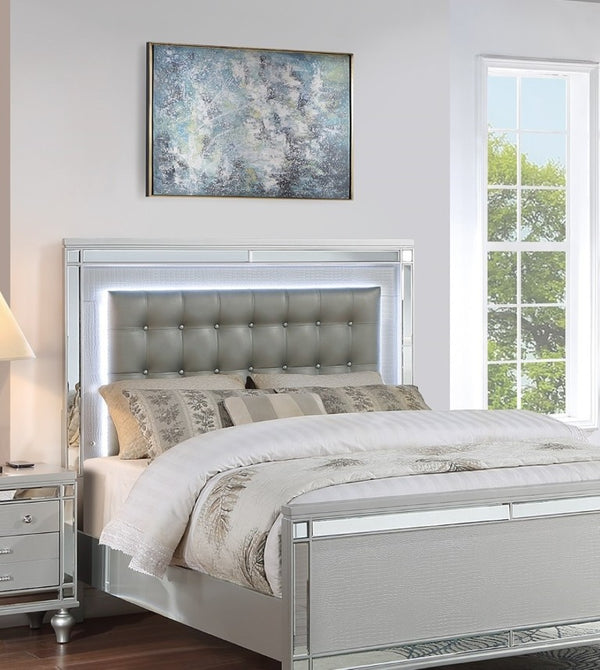 English Elm Sleek Eastern King Bedroom Set Mirrored Frame LED Lighting Tufted Faux Leather Headboard B011S02530