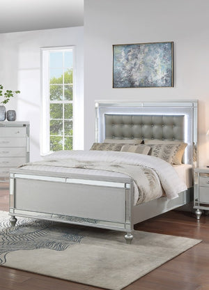 English Elm Sleek Eastern King Bedroom Set Mirrored Frame LED Lighting Tufted Faux Leather Headboard B011S02530
